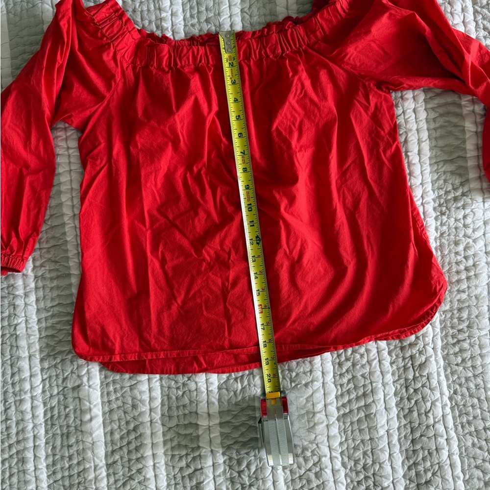 J. Crew Bright Cherry Red Cotton Fabric Off-the-Shoulder Blouse, Size Medium - Picture 5 of 7